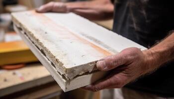 A skilled carpenter working with precision, sawing a wooden plank generated by AI photo