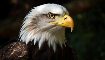 Majestic bald eagle perched on branch, eyes focused on prey generated by AI photo