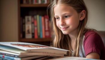 un linda niña estudiando, sonriente, participación un libro en biblioteca generado por ai foto