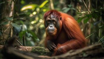 Cute orangutan sitting on a tree, looking at the camera generated by AI photo
