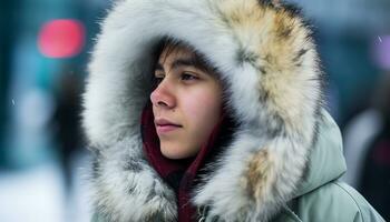 A young adult outdoors, smiling in winter, wearing warm clothing generated by AI photo