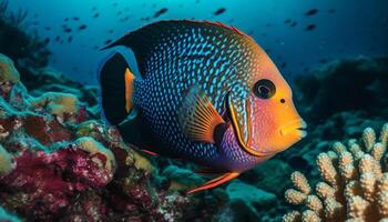 Underwater fish reef, animal nature, multi colored scuba diving tropical climate generated by AI photo