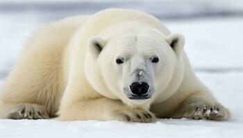 A cute arctic mammal in the snow, looking at camera generated by AI photo