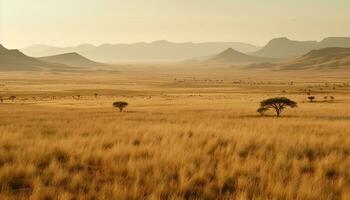 African savannah, dry grass, mountain range, wildlife, tranquil sunset generated by AI photo