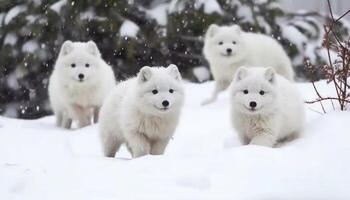 Cute Samoyed puppy playing in the snowy arctic outdoors generated by AI photo