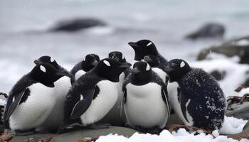 A group of penguins waddling on ice in Antarctic winter generated by AI photo