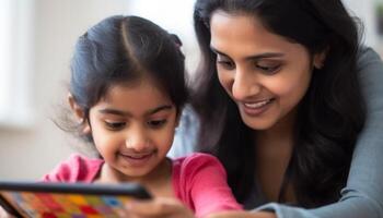 Smiling child and mother bonding, learning and playing indoors happily generated by AI photo