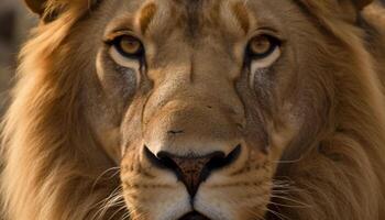 Majestic lioness staring, alert, in Africa wildlife reserve, generated by AI photo