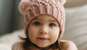 linda niño, sonriente retrato, invierno infancia, alegre felicidad, pequeño gorra generado por ai foto
