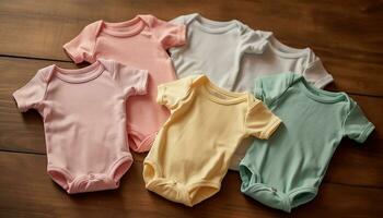 Cute baby clothing collection in pink and blue, striped pants generated by AI photo