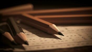 Yellow pencil on wood table, close up Education, creativity, success generated by AI photo