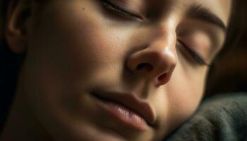un sereno joven mujer dormido pacíficamente, su ojos cerrado generado por ai foto