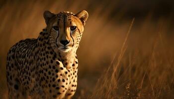 Cheetah, undomesticated cat, nature beauty, majestic feline, African wilderness generated by AI photo