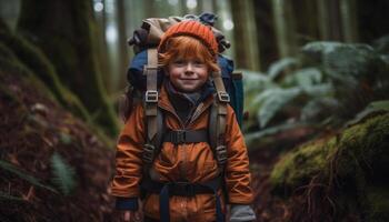 hombres y Niños excursionismo en el bosque, disfrutando naturaleza recreativo búsqueda generado por ai foto