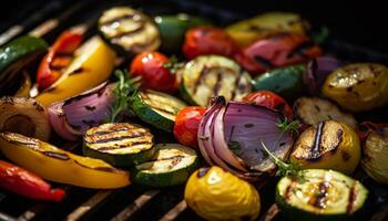 Grilled barbecue food vegetable, eggplant, tomato, outdoors, cooking, vegetarian generated by AI photo