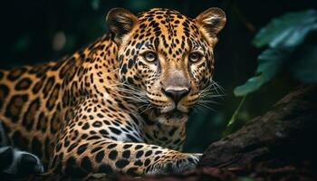 Majestic big cat staring, striped fur, wildcat in wilderness generated by AI photo