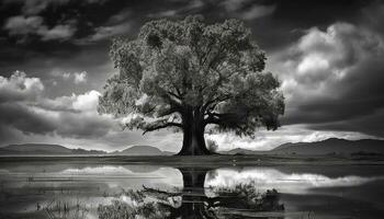 Tranquil scene tree reflects on calm water, nature serene beauty generated by AI photo