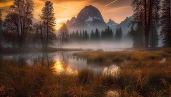 Tranquil scene of a majestic mountain peak reflecting in a pond generated by AI photo