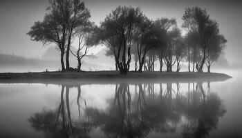 Silhouette of tree reflects in tranquil pond, nature beauty generated by AI photo