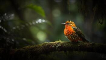 un vibrante, multi de colores pájaro encaramado en un rama en el bosque generado por ai foto