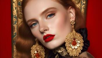 Beautiful woman in elegant fashion, gold jewelry, glamorous and sensual generated by AI photo