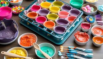 Vibrant colors on paper, paintbrushes create a colorful masterpiece generated by AI photo