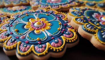 Homemade dessert a small, ornate, multi colored cookie with icing decoration generated by AI photo