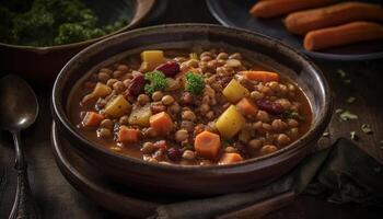 Freshness and rustic, homemade stew with cooked meat and vegetables generated by AI photo