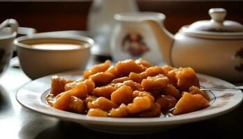 Fresh fruit on a plate, a sweet and healthy snack generated by AI photo