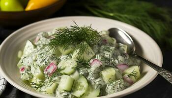 Fresh cucumber salad, a healthy gourmet meal with organic ingredients generated by AI photo