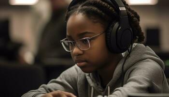 African child sitting indoors, listening to headphones, enjoying childhood innocence generated by AI photo