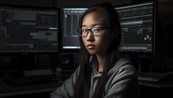 One young woman working indoors, using computer in dark office generated by AI photo