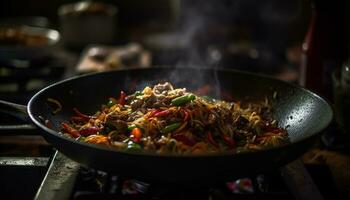 Grilled meat and vegetables on a hot wok, delicious and smoky generated by AI photo