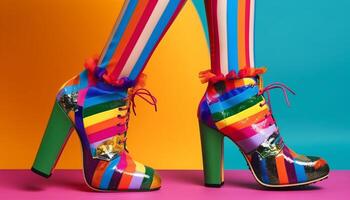 A vibrant collection of multi colored high heels for fashionable women generated by AI photo