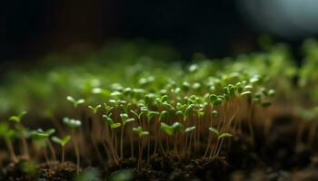 Fresco verde planta crecimiento en naturaleza, cerca arriba de hoja macro generado por ai foto