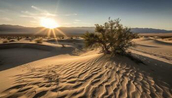 puesta de sol terminado el árido africano paisaje, un tranquilo belleza en naturaleza generado por ai foto