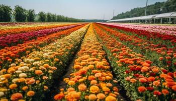 A vibrant bouquet of tulips in a Dutch meadow landscape generated by AI photo