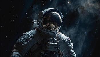 Astronaut in uniform armed with rifle explores dark galactic landscape generated by AI photo