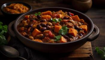 A rustic bowl of homemade beef stew, fresh and healthy generated by AI photo