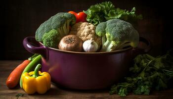 Fresh vegetables on a wooden table, healthy eating for vegetarians generated by AI photo