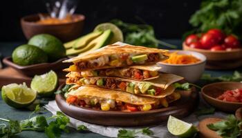 frescura de guacamole, tomate, cilantro, Lima, carne en tortilla generado por ai foto