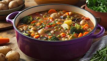 Fresh vegetable soup with carrots, onions, and homemade vegetarian broth generated by AI photo