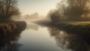Tranquil scene foggy autumn forest reflects on tranquil pond generated by AI photo
