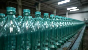 embotellado planta fábrica llena filas de transparente el plastico agua botellas generado por ai foto