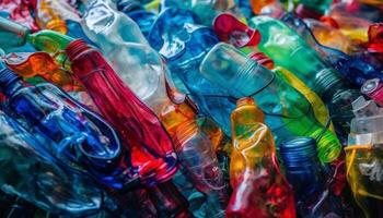 reciclaje el plastico botellas, un vistoso colección de transparente contenedores generado por ai foto