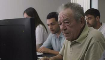 A group of mature adults working together in a computer lab generated by AI photo