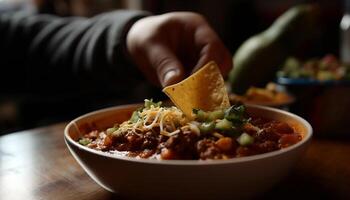 Fresh guacamole on a tortilla chip, a delicious vegetarian appetizer generated by AI photo