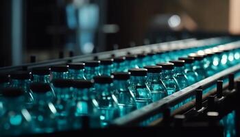 Automated factory produces clean, transparent water bottles using modern technology generated by AI photo