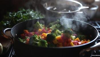 frescura y sano comiendo un vegetariano comida con brócoli y Zanahoria generado por ai foto