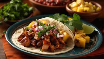 Freshly grilled beef taco with cilantro, tomato, and homemade guacamole generated by AI photo